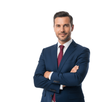 sério homem de negocios dentro uma marinha terno e vermelho gravata, braços guardada, isolado em transparente fundo png