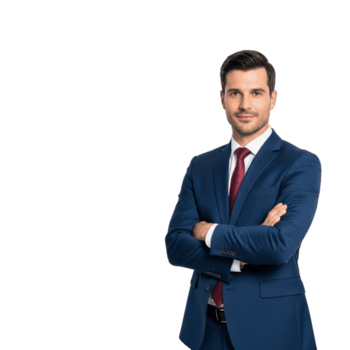 uma confiante homem de negocios dentro uma marinha azul terno e vermelho gravata, com braços cruzado, posando para uma retrato, isolado em transparente fundo png