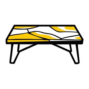 Simple cartoon drawing of a low rectangular table with abstract yellow and white pattern on top and black legs vector