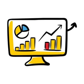 Hand drawn computer screen displaying bar graph pie chart and upward trending line graph monitor vector