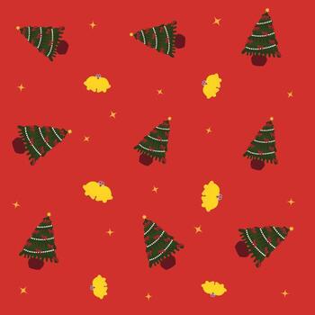seamless pattern with christmas trees. festive print. christmas tree, bells, star pattern on red background. vector