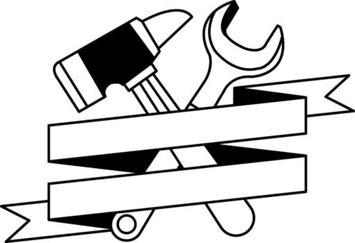 black and white logotype of A hammer and wrench are on in the ribbon vector