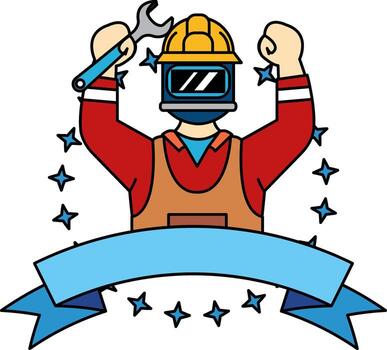 logotype of a man in vest is holding a wrench vector