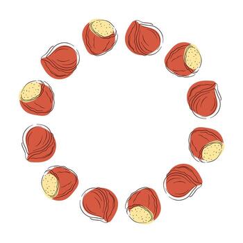 Circular frame with hazelnut arranged on a white background in a flat style. vector