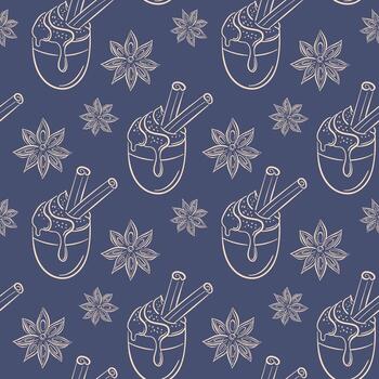 Seamless pattern with cinnamon stick, star anise and coffee cup topped with cream and spice in line art style on blue background. Ideal for sweet package, bakery delivery print and spice theme. vector