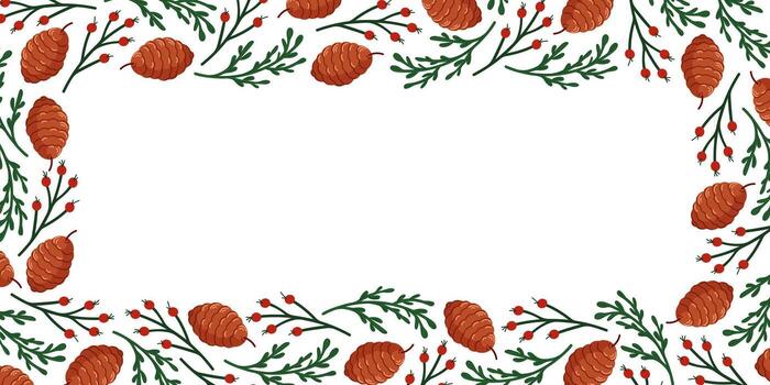 Border frame with brown pinecone, evergreen branch and red berry in flat style. Empty center space for text or design. vector