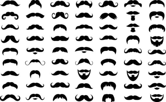 Collection of assorted mustache and beard illustrations in black and white style vector