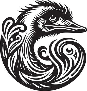 Striking black and white artistic emu head design featuring intricate swirling patterns and dynamic lines vector