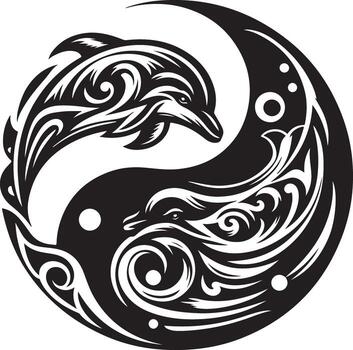 An artistic representation of the yin yang symbol harmoniously integrated with playful dolphins and dynamic swirling water elements in vibrant colors vector