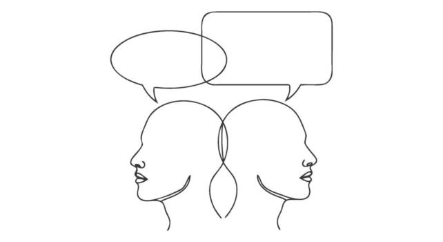 One continuous line art illustration representing dialogue and communication with speech bubbles vector