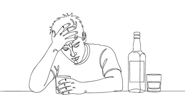 One continuous line art drawing of a distraught man drinking alone, capturing the essence of sadness and alcohol dependency vector