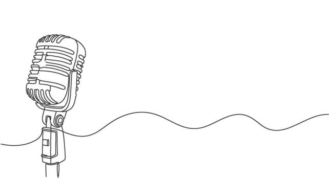 elegante uno línea continuo dibujo de un retro micrófono con fluido sonido ola diseño, Perfecto para música, podcast, y transmitir temas, capturar un eterno artístico apelación vector