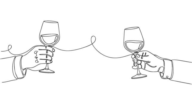 One Continuous Line Art of Toasting with Wine Glasses, Minimalist Design c vector