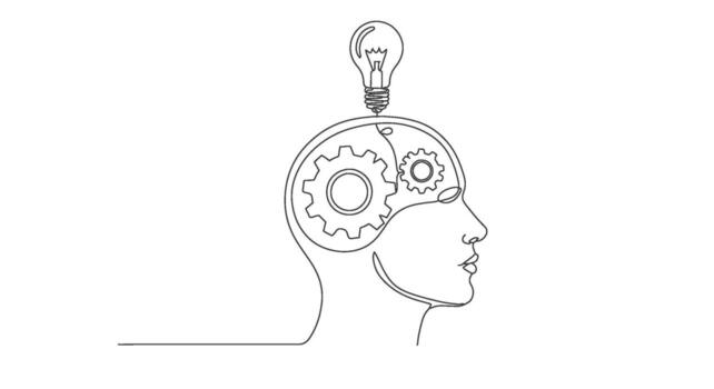 Creative thinking concept illustrated with a continuous one line drawing of a human head, gears and a lightbulb vector