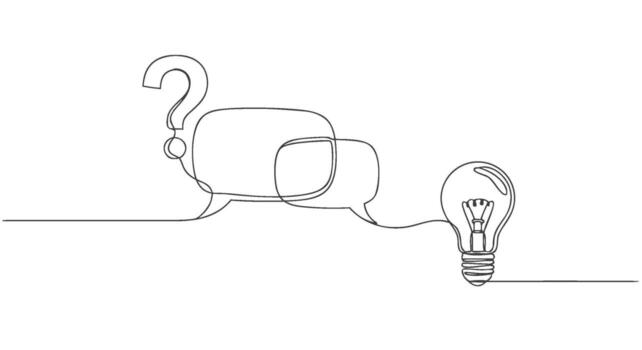 One continuous line illustration of question marks, speech bubbles, and light bulb to express ideas, eps vector