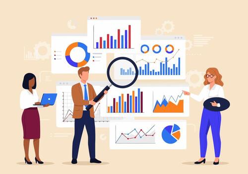 negocio datos análisis equipo examinando cartas y gráficos con aumentador vaso vector