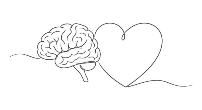 A single continuous line art illustration of a brain connected to a heart symbolizing emotion and logic vector