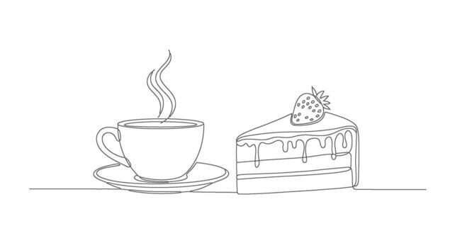 One continuous line drawing of a steaming coffee cup and a slice of strawberry cake, perfect for cafes and bakeries vector