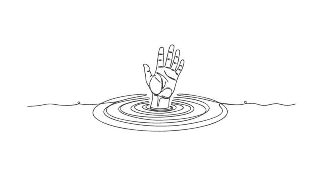 A minimalist one continuous line art illustration of a hand sinking into rippling water, a powerful symbol of drowning and needing help vector