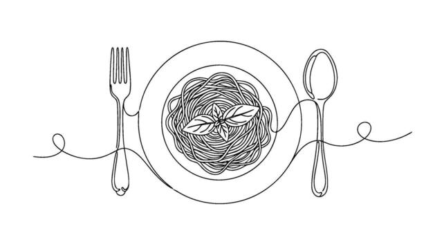 un uno continuo línea Arte ilustración de un plato de espaguetis con tenedor y cuchara vector