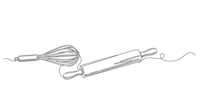 A whisk and rolling pin drawn with a single continuous one line, minimalist art illustration of baking tools for a culinary concept vector