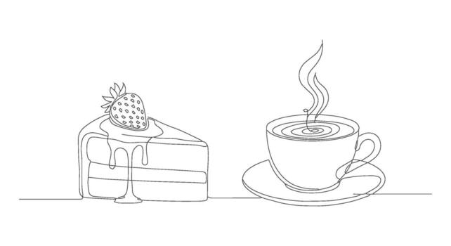Artistic one line continuous drawing illustrating a delectable slice of strawberry cake accompanied by a warm, steaming cup of coffee, suitable for various design projects vector