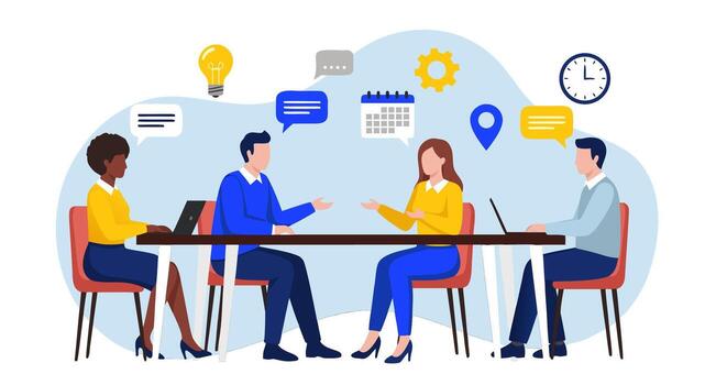 Dynamic team collaboration in a modern business meeting setting, illustrating effective communication, strategic planning, and innovative idea generation among diverse professionals vector