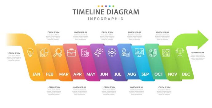 Infographic template for business. 12 Months modern Timeline diagram calendar with topics, presentation infographic. vector