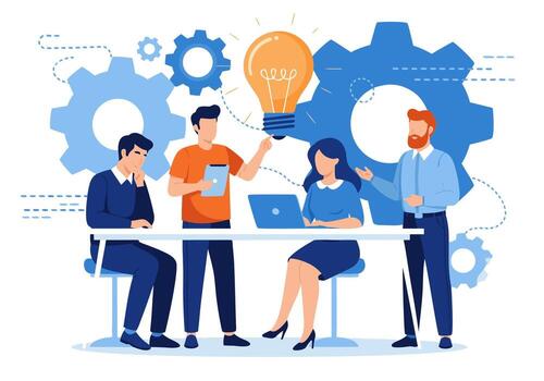 un creativo negocio equipo colaborando en un nuevo proyecto, simbolizando innovación y exitoso puesta en marcha estrategia con un bombilla idea vector