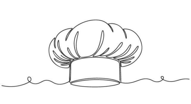 Elegant and minimalist chef's hat design, rendered with a single, flowing continuous line drawing, symbolizing culinary expertise and professional kitchen work vector