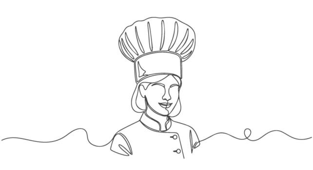 Smiling female chef portrait drawn in a modern one continuous line art style. Professional cook in uniform and toque hat, illustration 5 vector