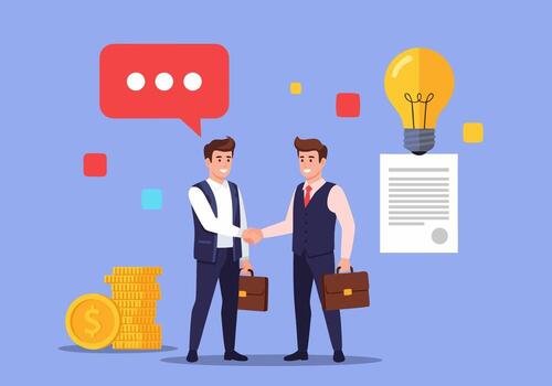 Successful Business Partnership Handshake with Coins, Lightbulb, and Contract Symbolizing Growth and Innovation vector