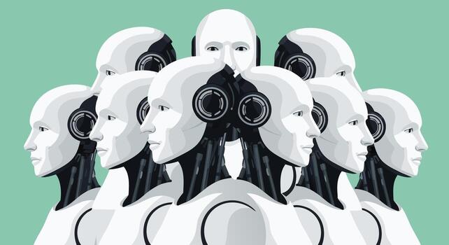 un multitud de idéntico humanoide robots en pie cercanamente juntos, su blanco cabezas y negro acentos creando un futurista y un poco inquietante imagen vector