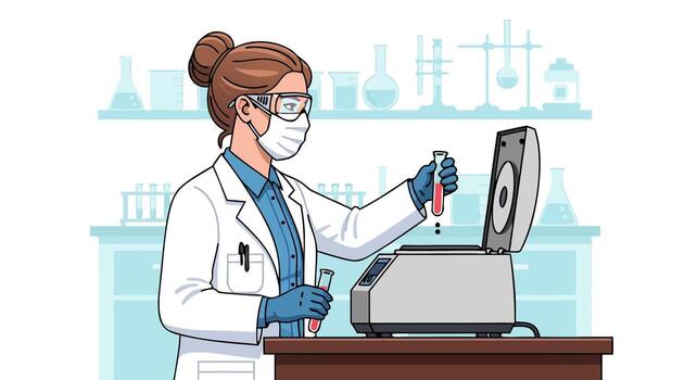 Dedicated female scientist working meticulously in a modern laboratory, utilizing a centrifuge to process samples for research and development, embodying precision in scientific experiments vector