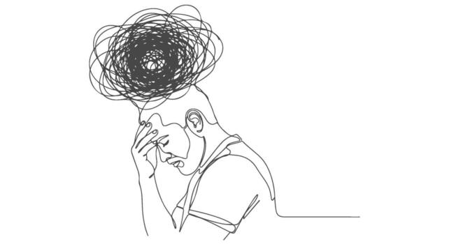 One line continuous illustration depicting a person with a tangled brain, symbolizing stress and anxiety e vector