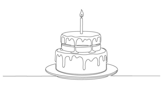 One line continuous drawing of a birthday cake with a candle, a celebratory design in a simple line art style vector