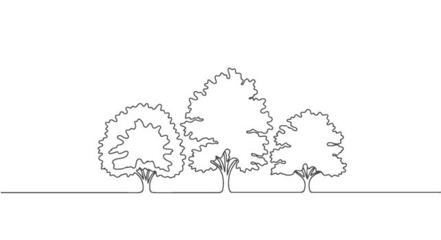 A serene landscape illustration of three trees drawn in a continuous one-line art style on a white background vector