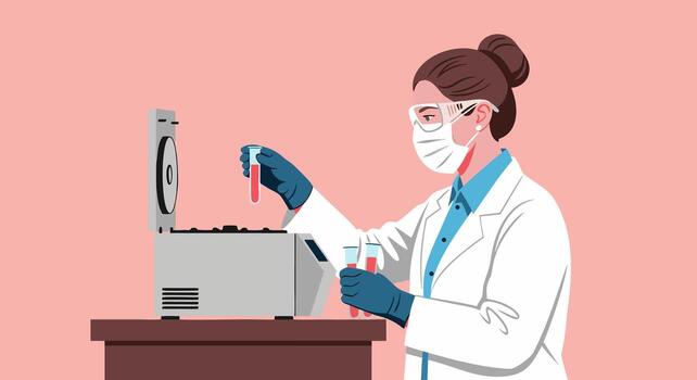 Dedicated female scientist working in a modern laboratory, diligently analyzing samples in test tubes with a centrifuge, representing advancements in medical research and diagnostic procedures vector