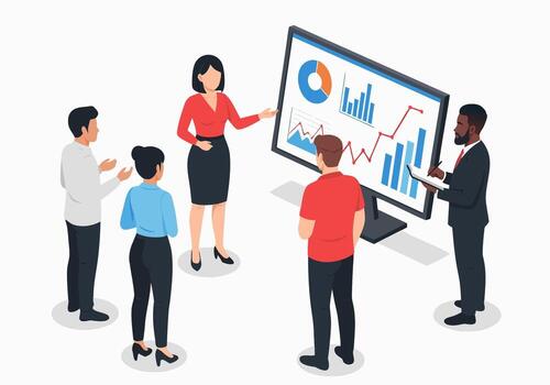 Diverse business team in a meeting analyzing financial data charts on a screen. Isometric illustration for corporate presentation concept vector
