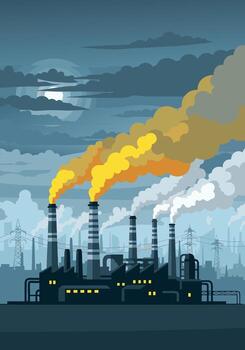 Industrial Pollution and Environmental Concerns A Depiction of Factories and Smoke in a Cloudy Sky vector