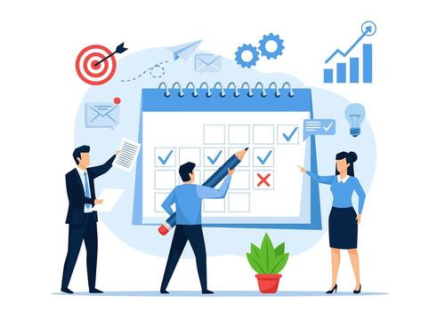 illustration of a business team engaged in strategic planning, scheduling tasks, and managing deadlines on a calendar to achieve goals vector