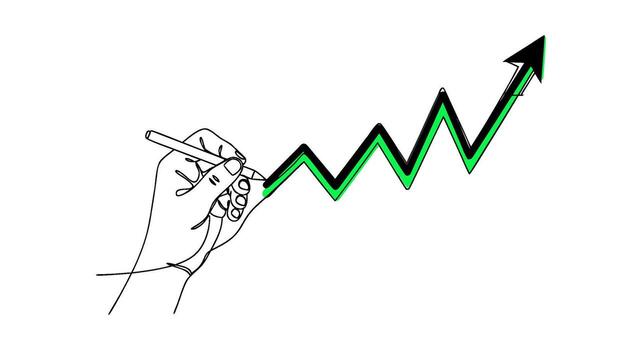 One continuous line drawing of a hand drawing a green trending up line, represented as growth vector