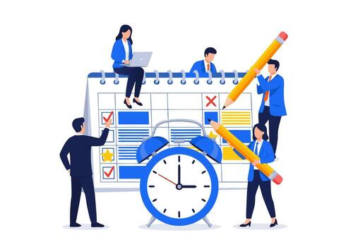 Efficient business planning and time management illustration with calendar, clock, and people working together on tasks vector