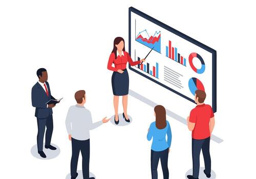 Diverse group of professionals attending a business presentation with data charts and graphs displayed on a large screen vector