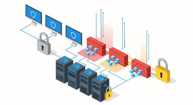 Conceptual isometric illustration of network security architecture, showing firewalls protecting servers and data flow vector