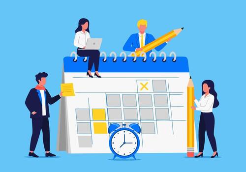 Business planning and time management illustration with a calendar, clock, and people working on tasks vector