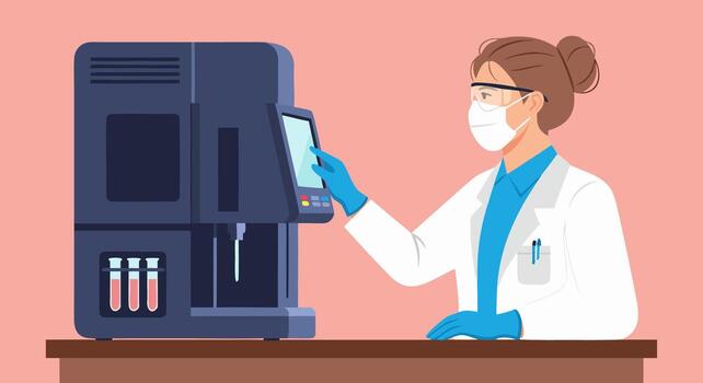 Dedicated female scientist in a protective mask and gloves operating advanced laboratory equipment for precise medical testing and research vector