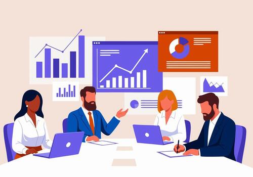 profesional negocio reunión ilustración, exhibiendo un diverso equipo colaborando en datos análisis y estratégico planificación para exitoso corporativo crecimiento y desarrollo vector