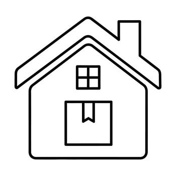 Simple Line Art Icon Of A House With A Window And A Box Inside, Representing Moving, Delivery, Or Real Estate Concepts With A Minimalist Design And Clean Outline For Various Applications vector