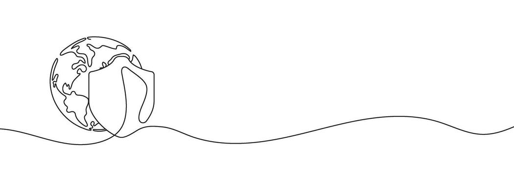 Continuous one line drawing of a globe with a security shield. Minimalist hand-drawn icon representing global protection, safety, cybersecurity, or environmental security. vector
